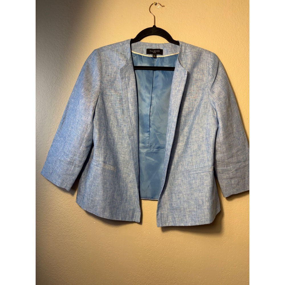 Talbots Petite Light Blue 100% Linen Open Front Blazer Jacket Size 14P